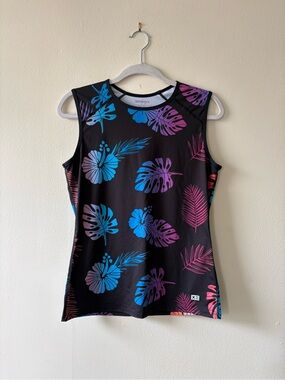 TomboyX Black Tropical Floral Sleeveless Swim Top in Blue & Purple